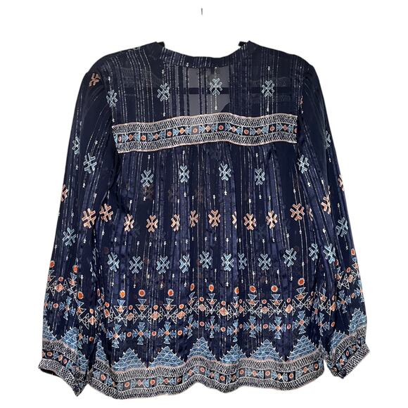 Joie Sendoa Metallic Silk Geometric Print Long Sleeve Blouse Navy Blue Size S - Picture 3 of 6